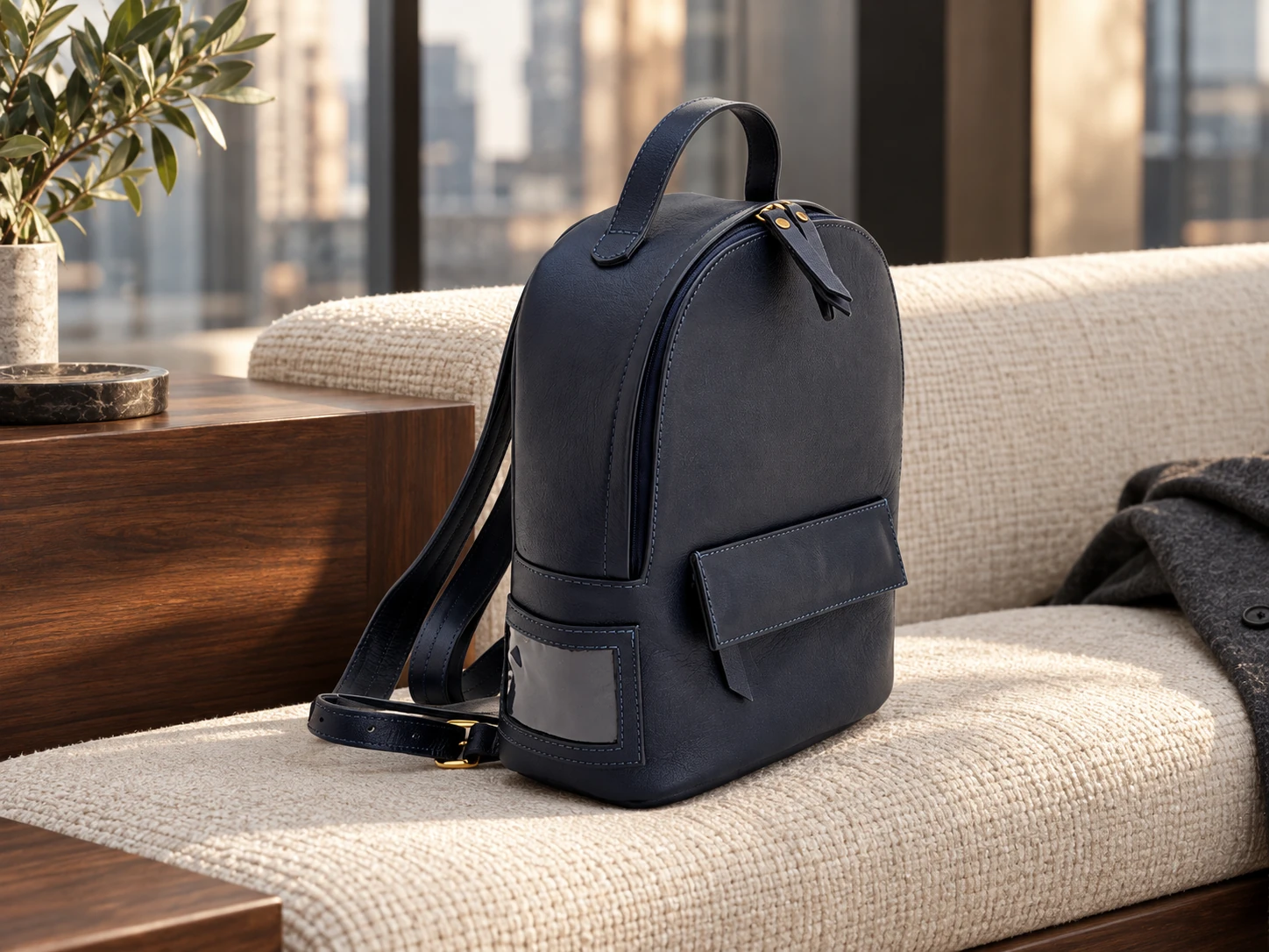Mochila DANKE MOC-002 azul-marinho em três quartos sobre banco de tecido claro em lounge executivo