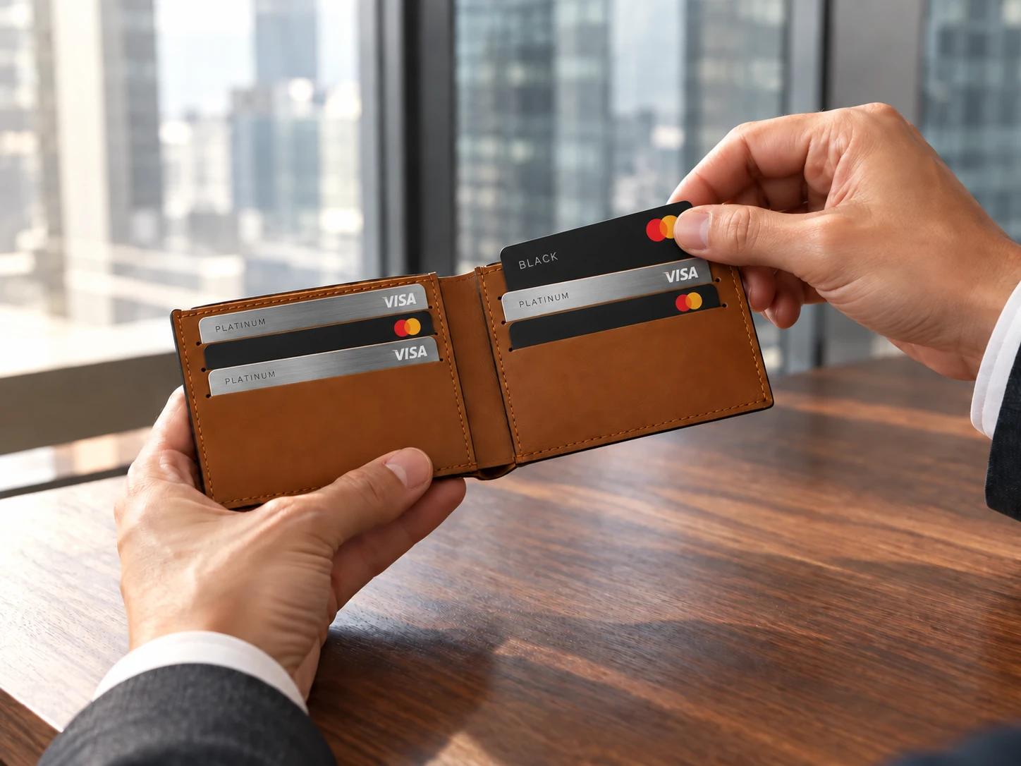 Mãos retirando cartão Mastercard Black da carteira marrom DANKE preenchida com cartões black e platinum Visa e Mastercard de tamanho uniforme